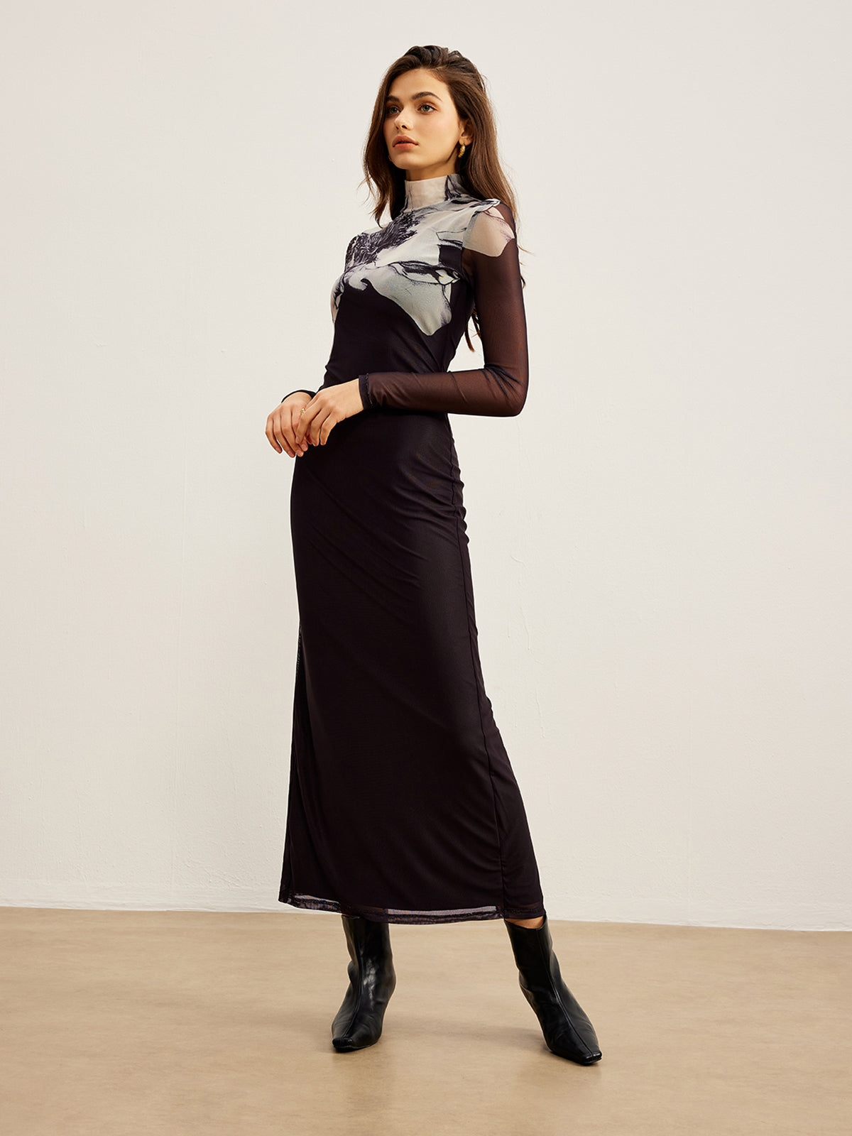 Chic Mock Neck Mesh Dress with Vibrant Print
