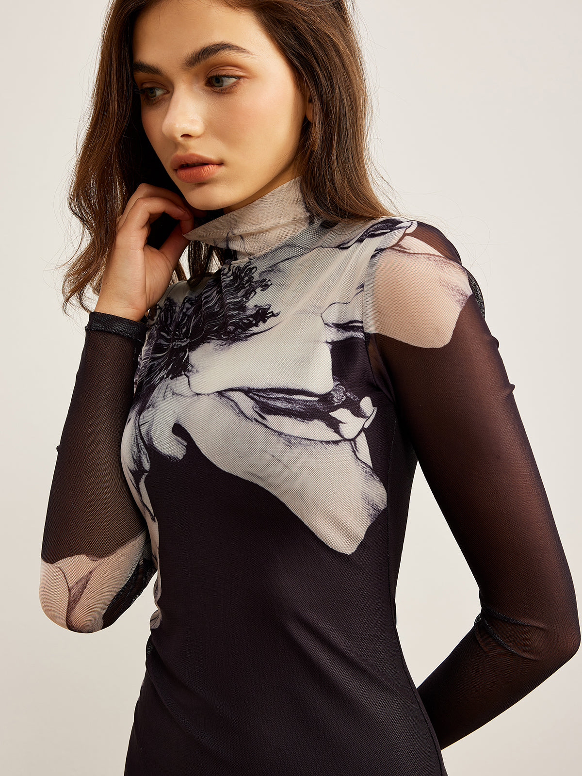 Chic Mock Neck Mesh Dress with Vibrant Print