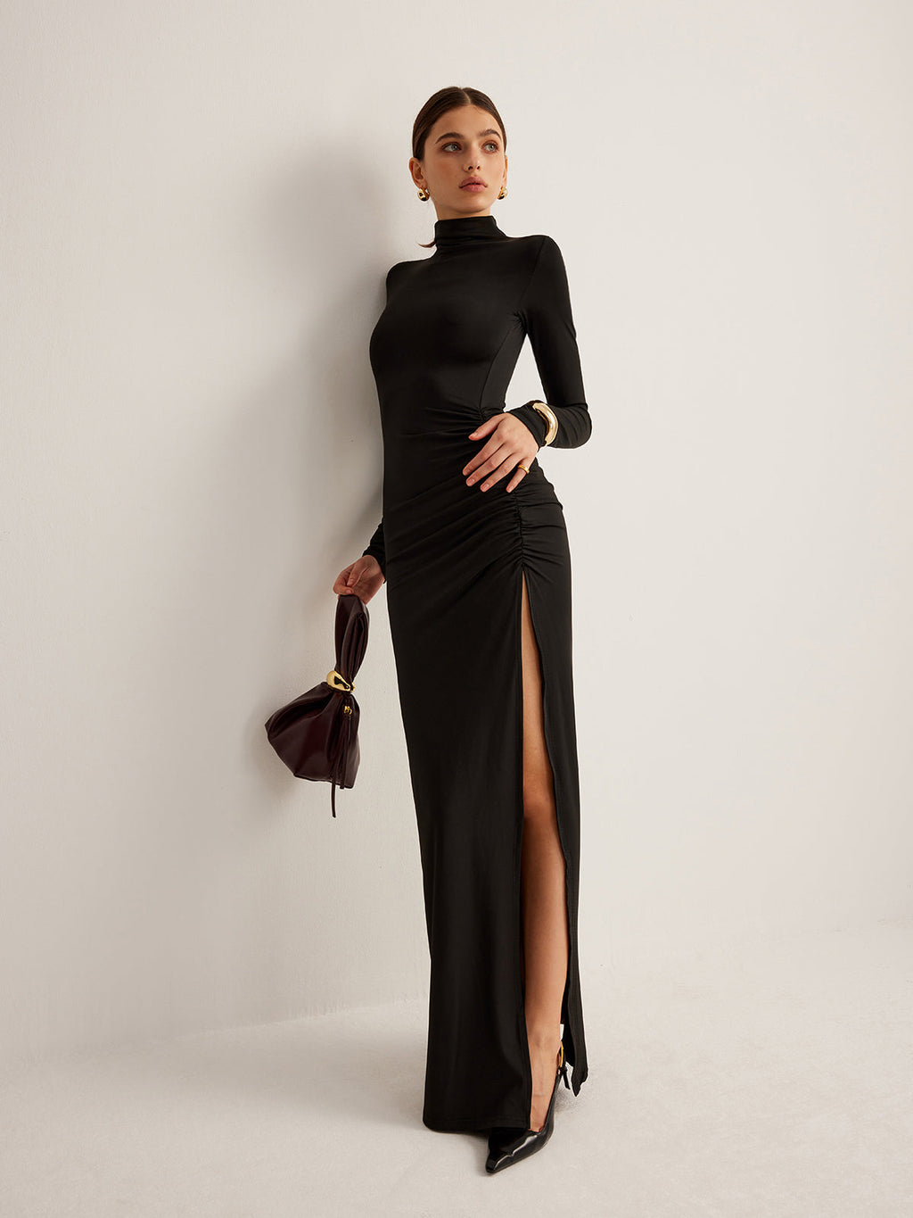 Pleated Jersey Dress with Stand Collar and Side Slit