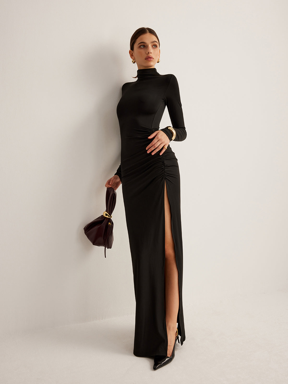 Pleated Jersey Dress with Stand Collar and Side Slit