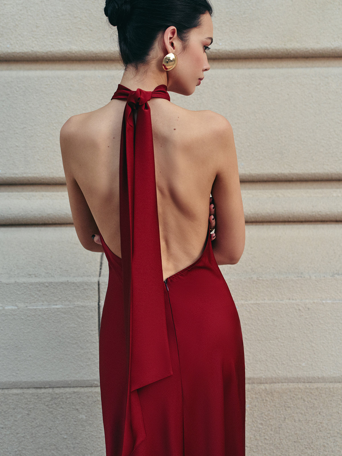 Satin Halter Dress with Open Back Detail