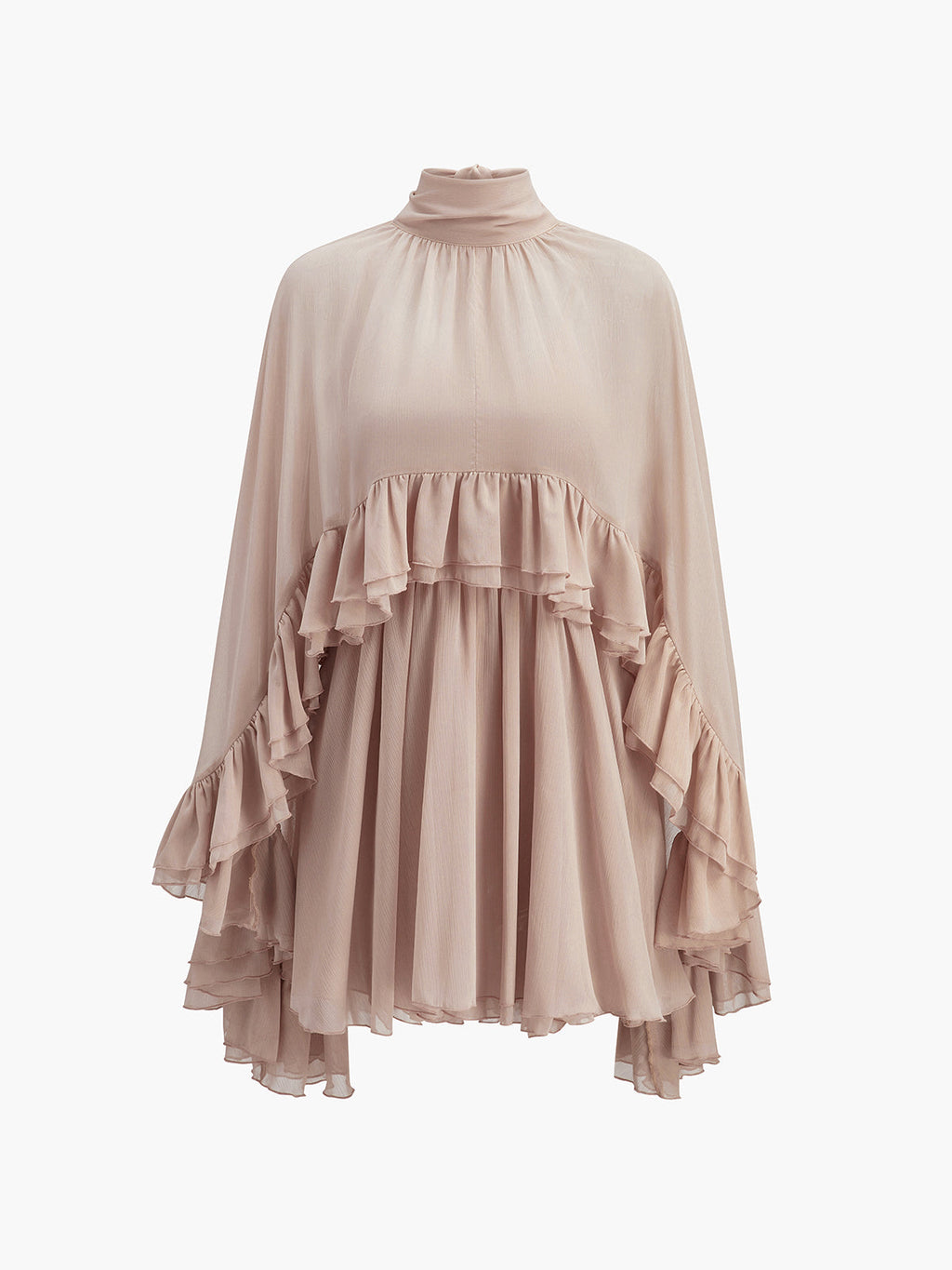 Chiffon Ruffle Dress with Flowing Cape Overlay