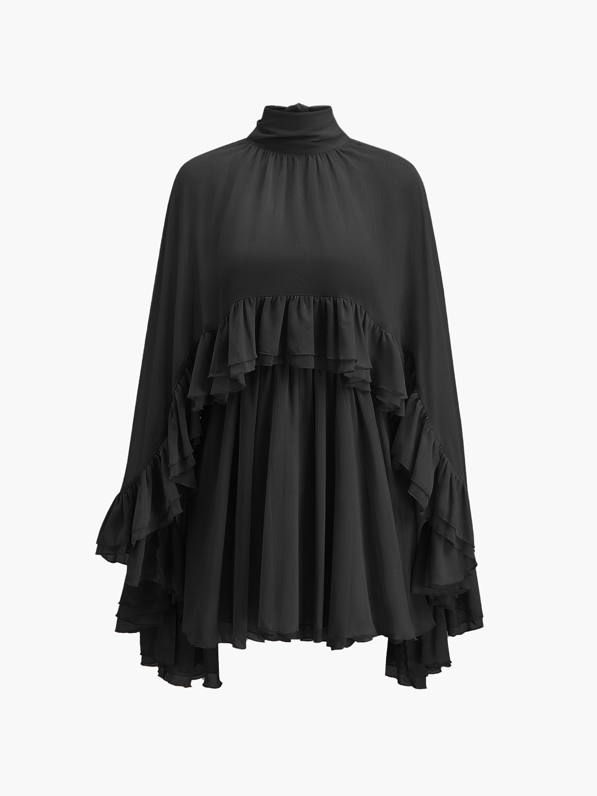 Chiffon Ruffle Dress with Flowing Cape Overlay