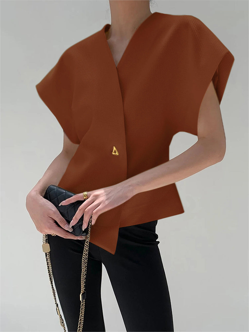 Chic V-Neck Button-Up Blouse with Tailored Fit