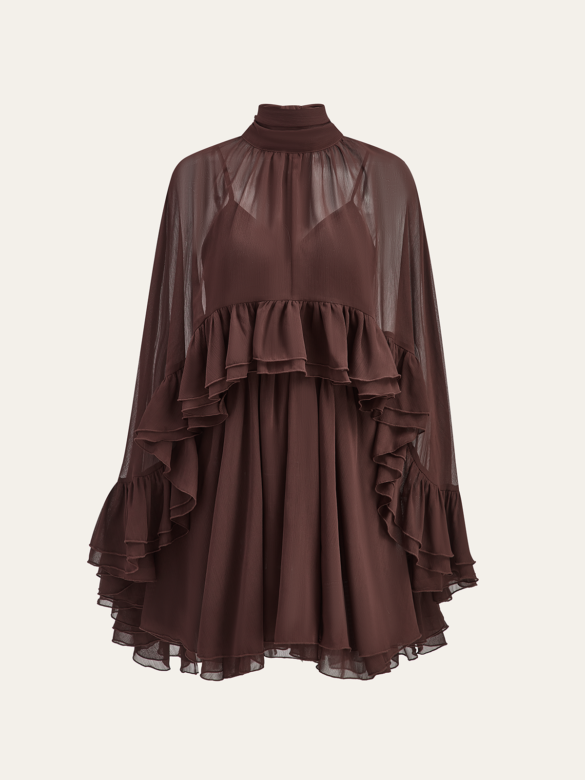Chiffon Ruffle Dress with Flowing Cape Overlay