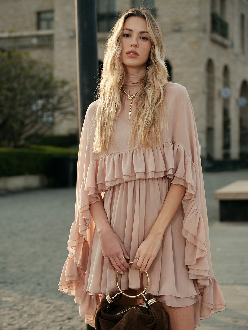 Chiffon Ruffle Dress with Flowing Cape Overlay