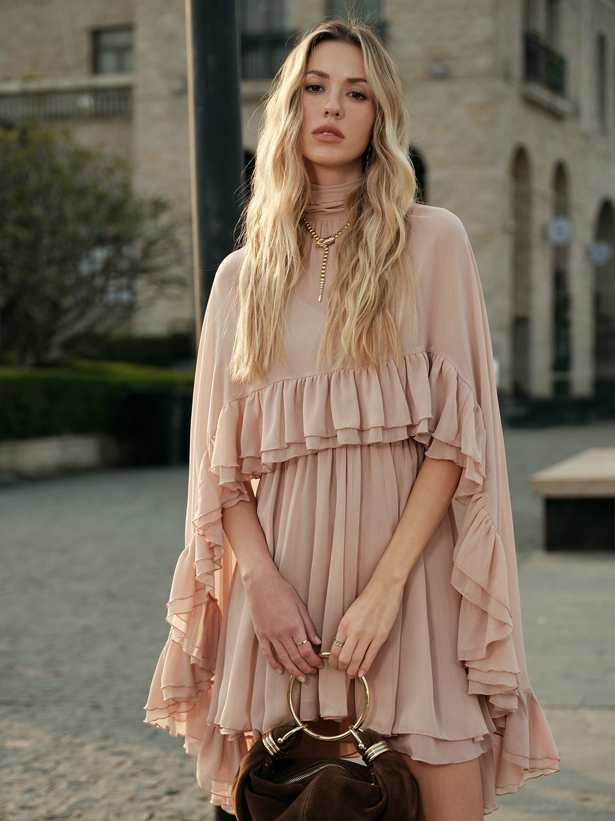 Chiffon Ruffle Dress with Flowing Cape Overlay