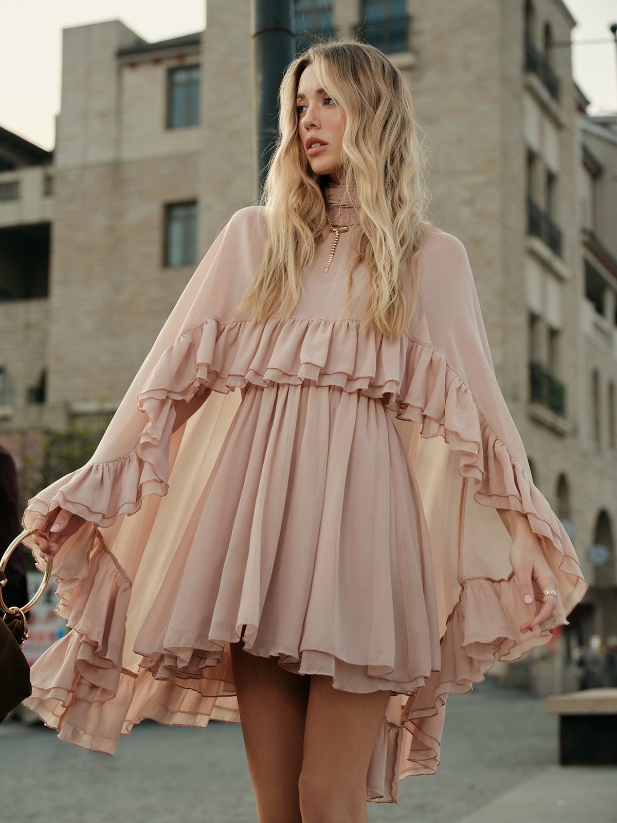 Chiffon Ruffle Dress with Flowing Cape Overlay