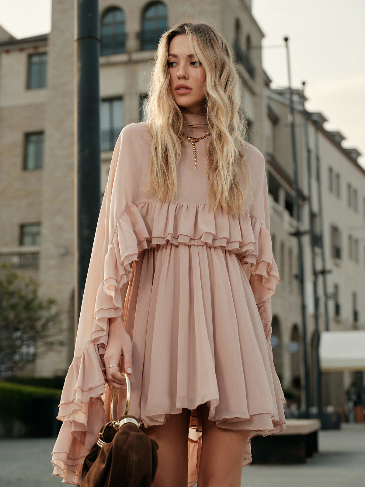Chiffon Ruffle Dress with Flowing Cape Overlay