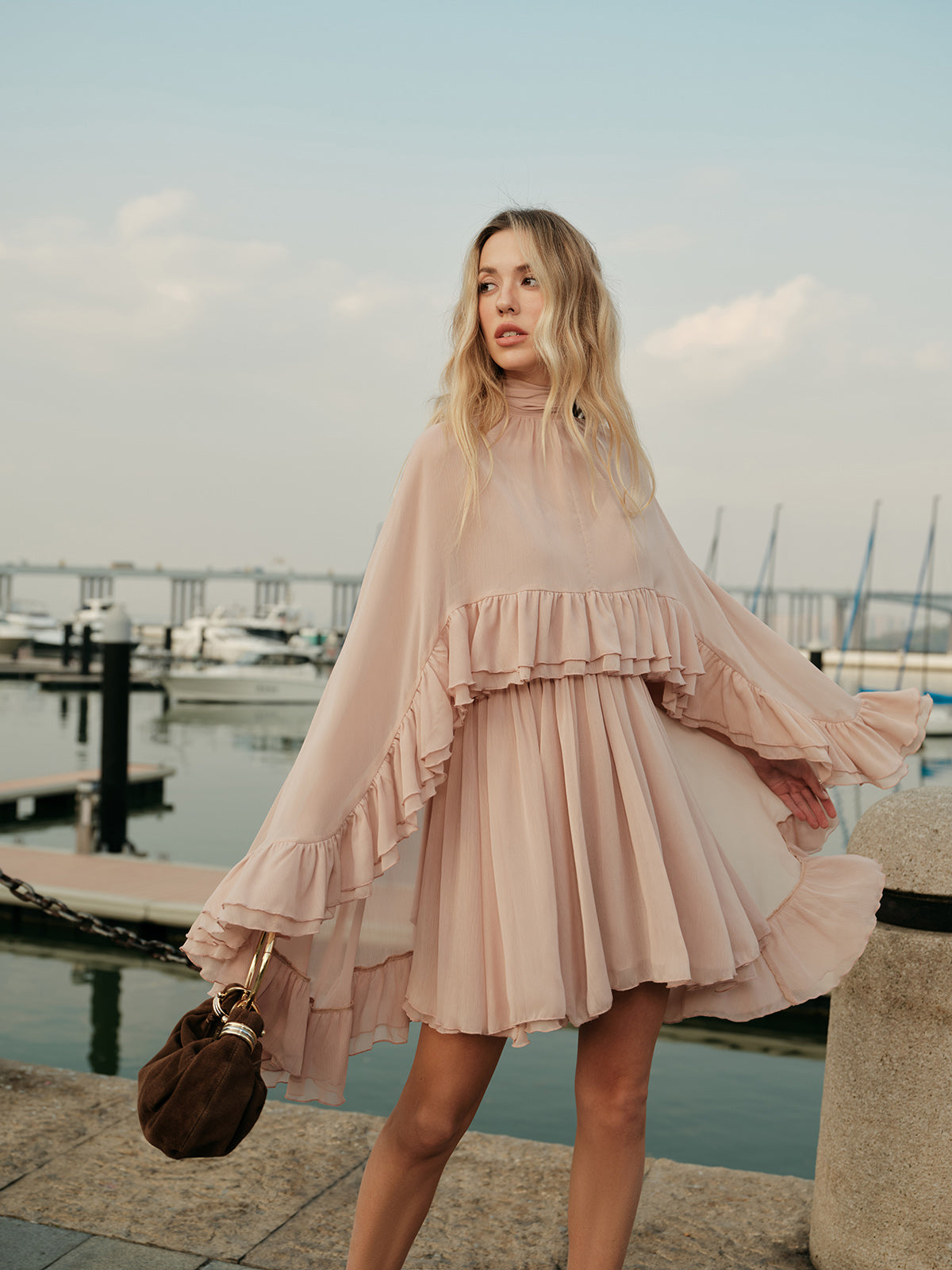 Chiffon Ruffle Dress with Flowing Cape Overlay