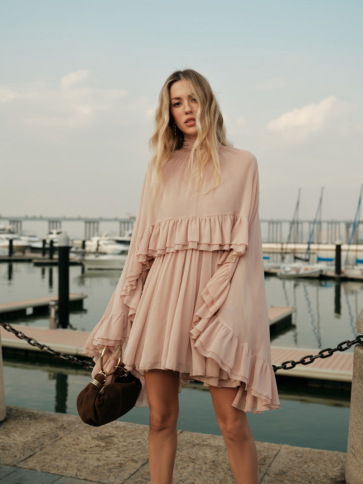 Chiffon Ruffle Dress with Flowing Cape Overlay