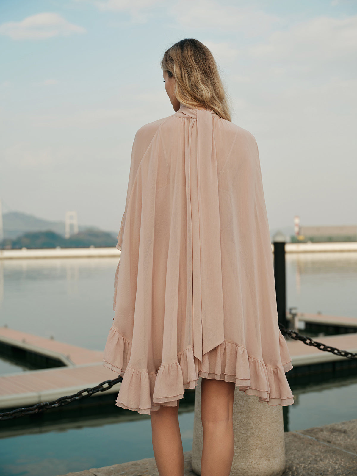 Chiffon Ruffle Dress with Flowing Cape Overlay