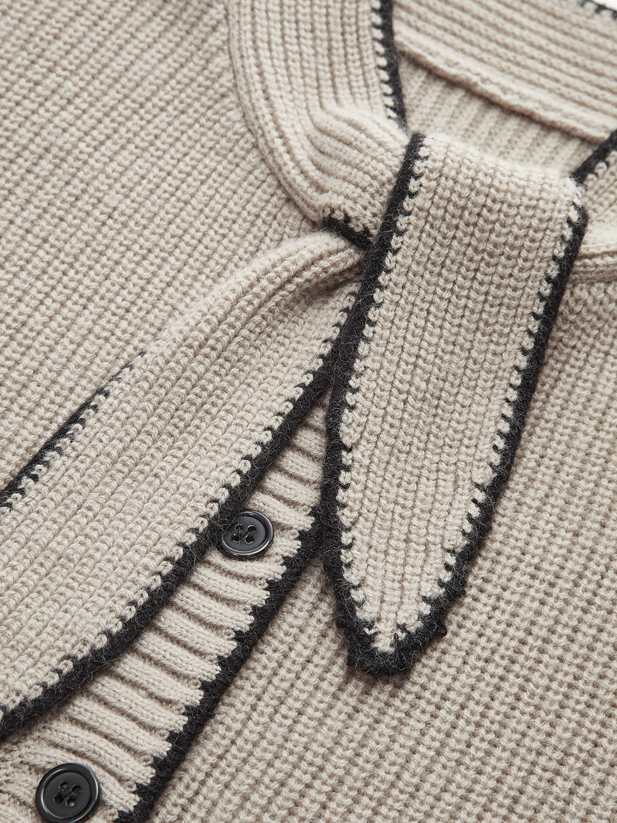 Wool Blend Cardigan with Tie Neck and Contrast Trim