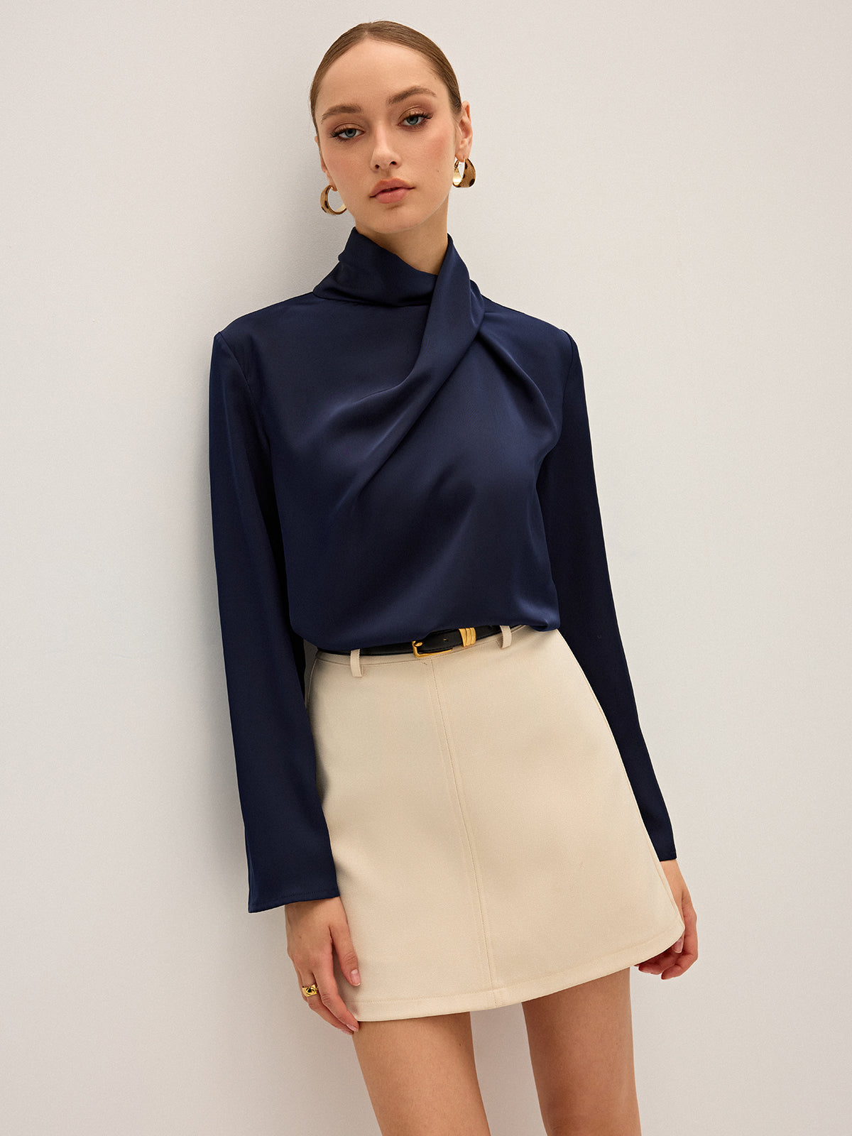 Luxe Satin High Neck Draped Blouse