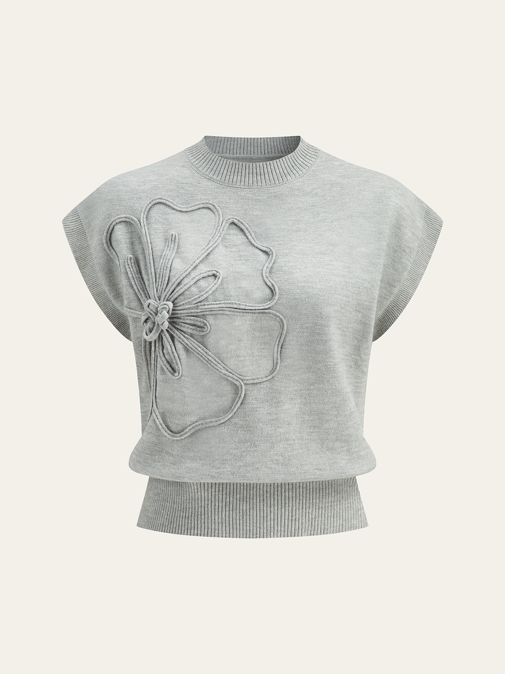 Floral Appliqué Cap Sleeve Knit Tee