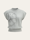 Floral Appliqué Cap Sleeve Knit Tee
