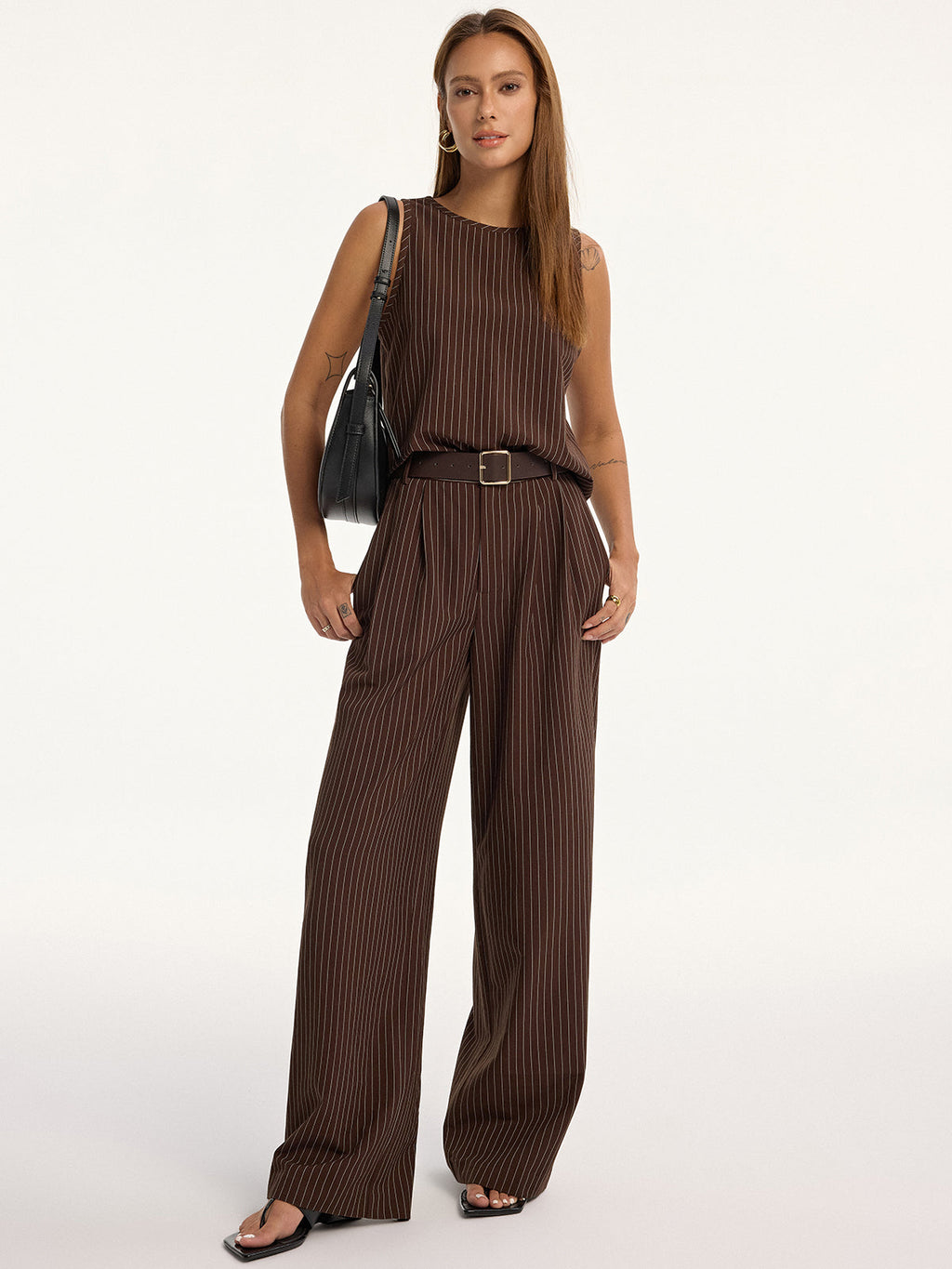 Chic Pinstripe Sleeveless Top and Tailored Pants Ensemble with Belt
