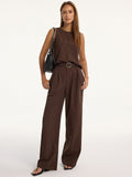 Chic Pinstripe Sleeveless Top and Tailored Pants Ensemble with Belt