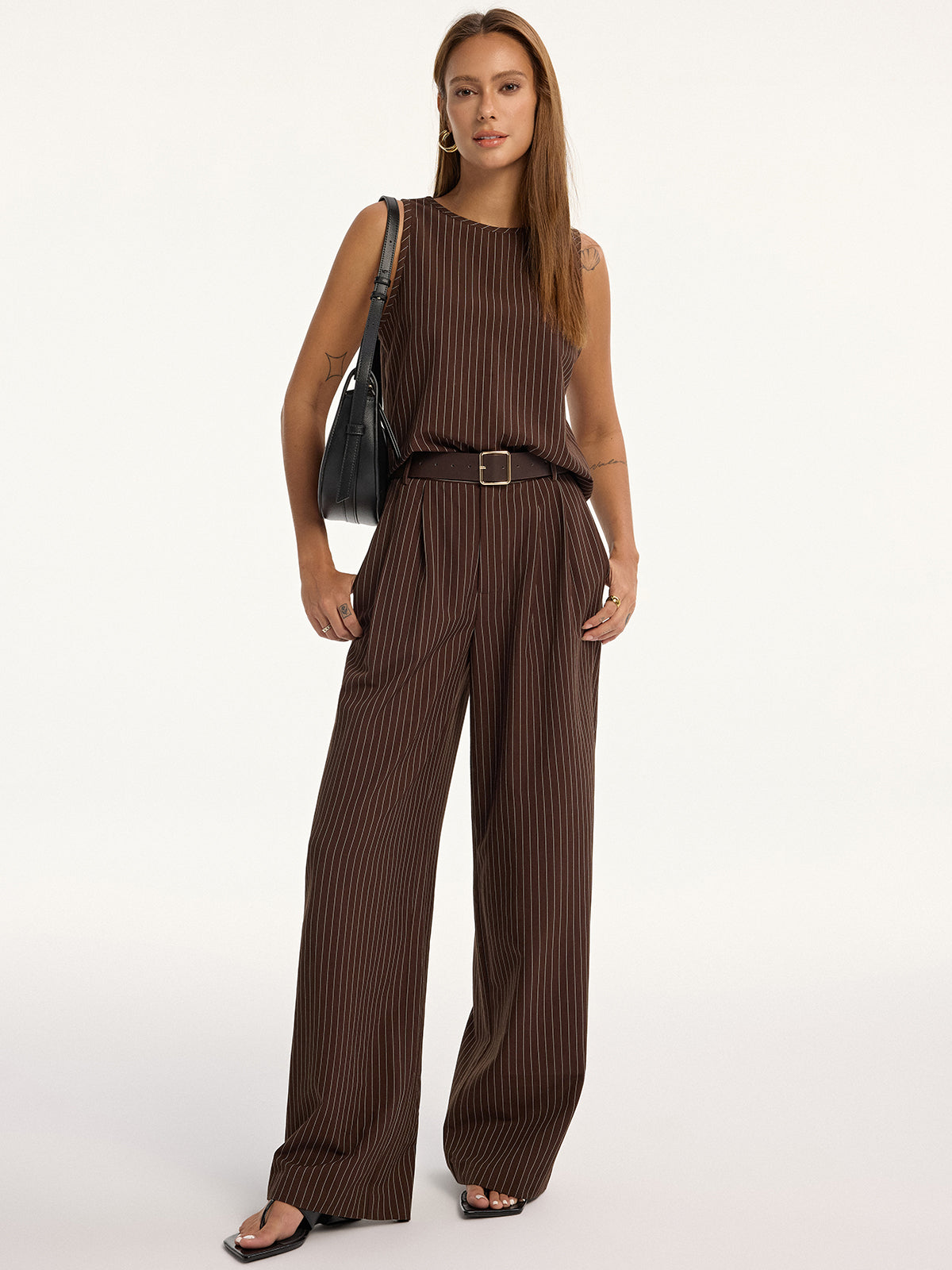 Chic Pinstripe Sleeveless Top and Tailored Pants Ensemble with Belt