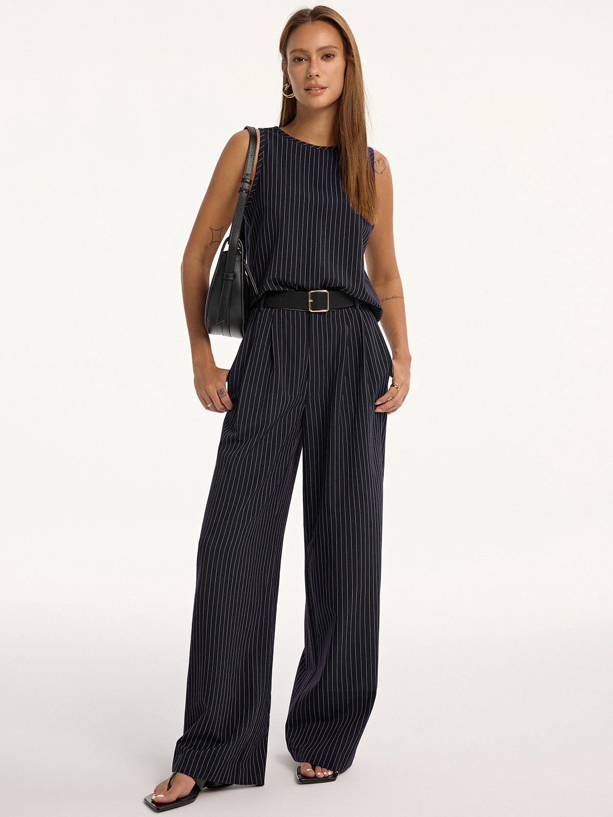 Chic Pinstripe Sleeveless Top and Tailored Pants Ensemble with Belt
