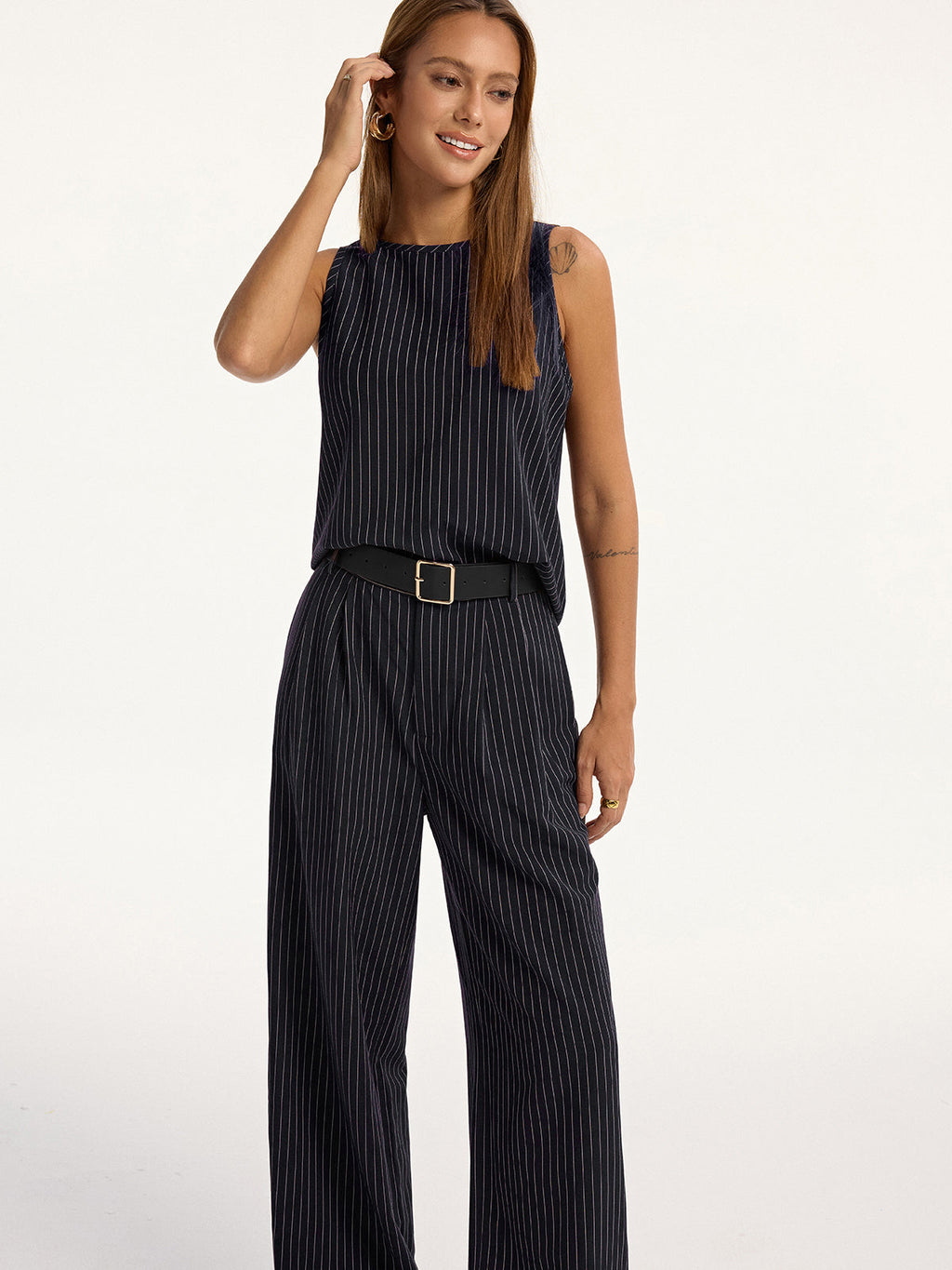 Chic Pinstripe Sleeveless Top and Tailored Pants Ensemble with Belt