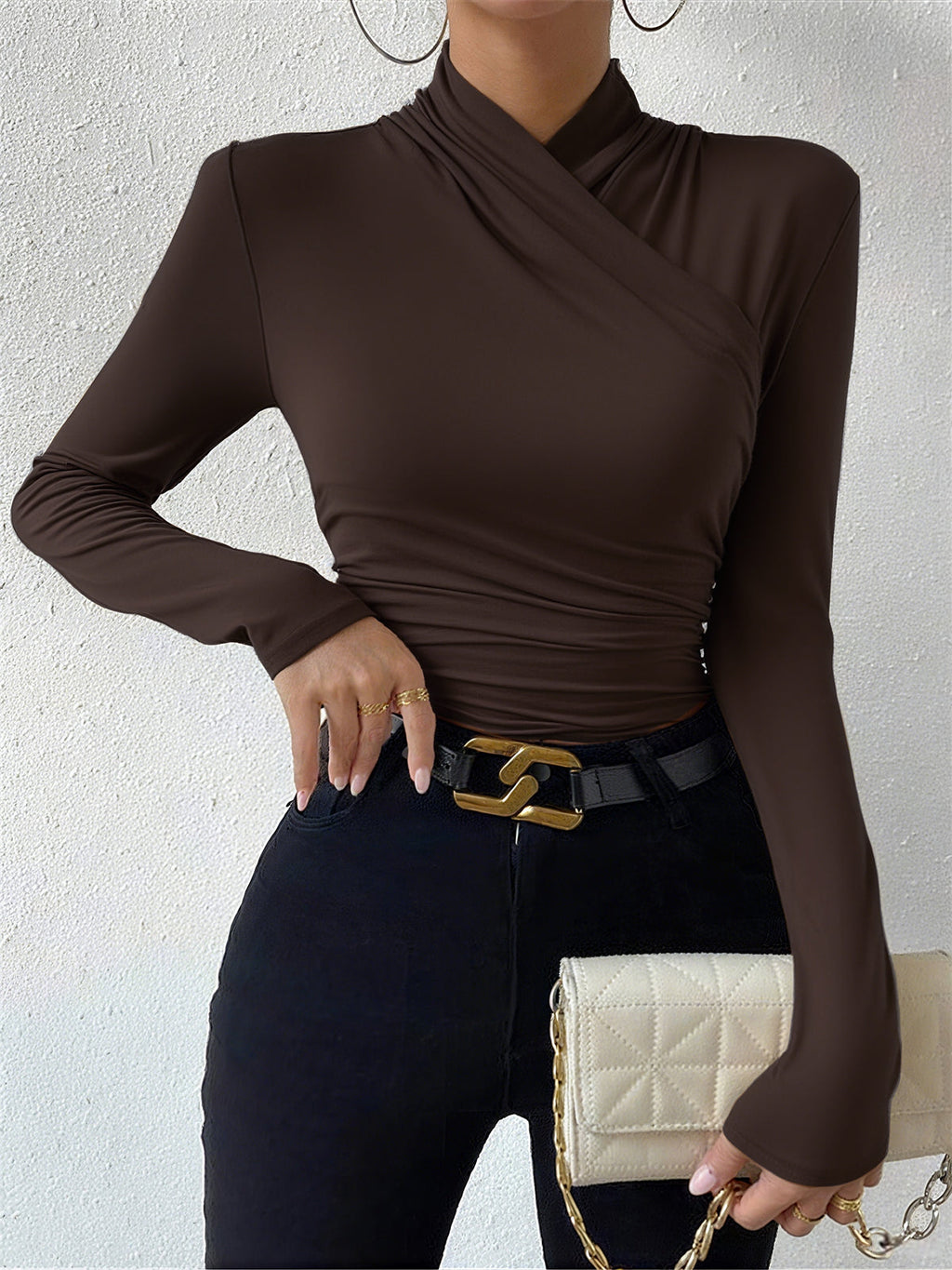 Pleated Cinched T-Shirt with Cross-Over Collar