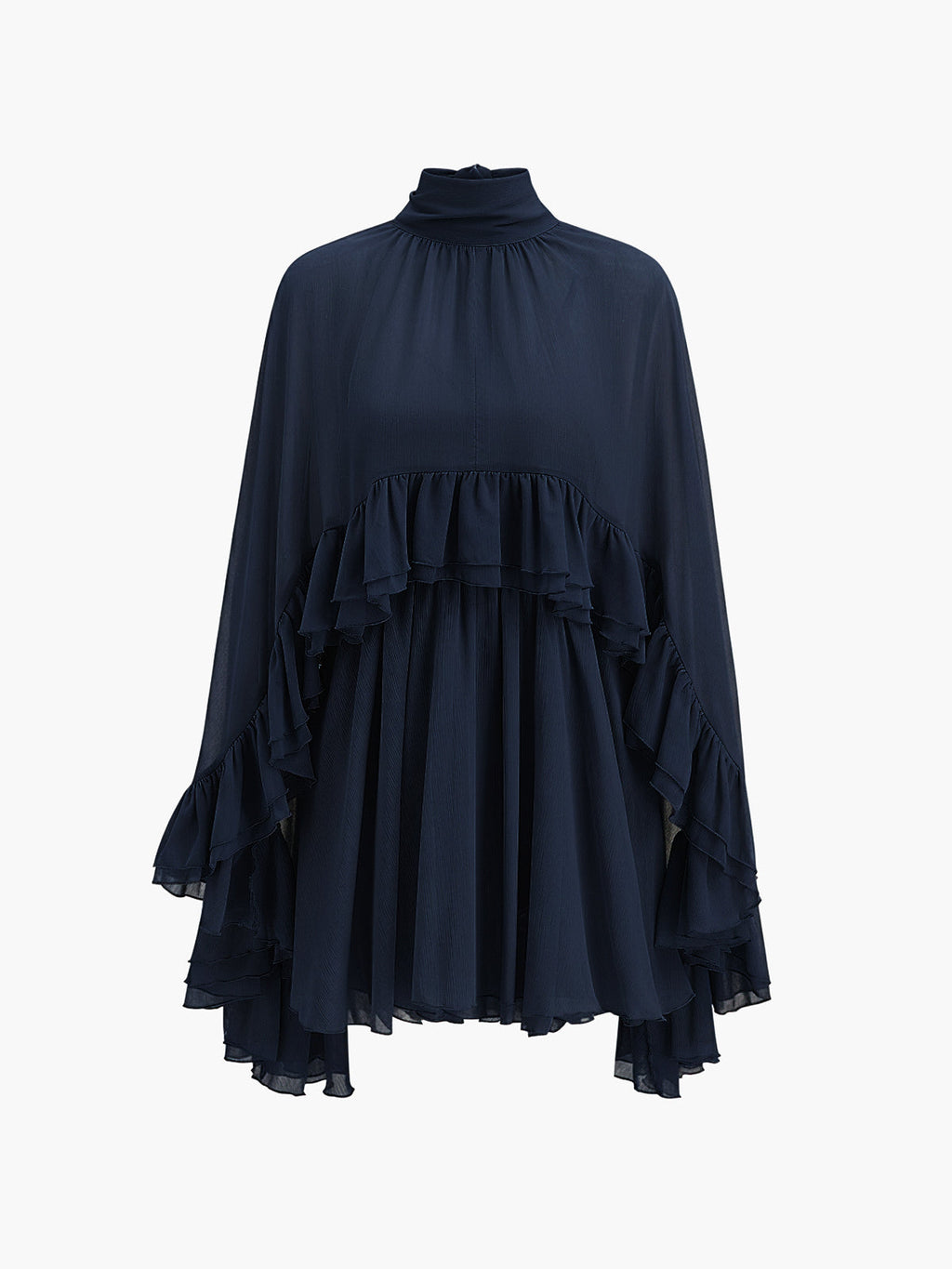 Chiffon Ruffle Dress with Flowing Cape Overlay
