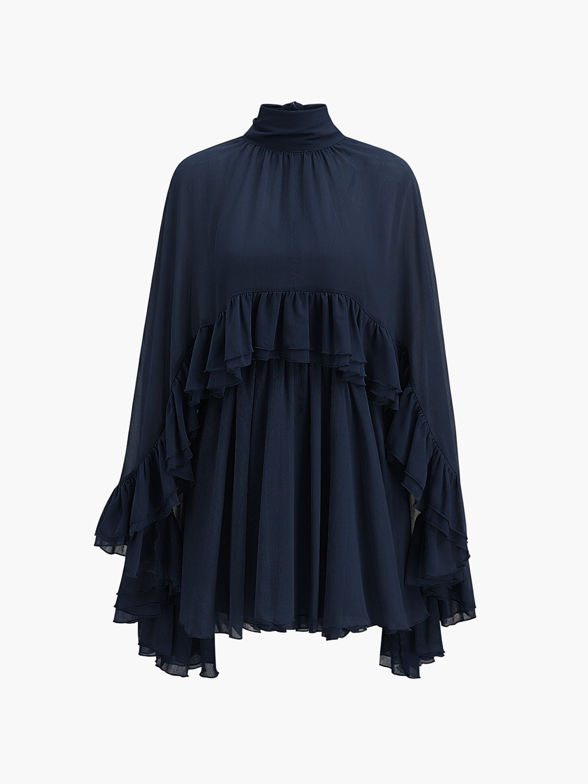 Chiffon Ruffle Dress with Flowing Cape Overlay