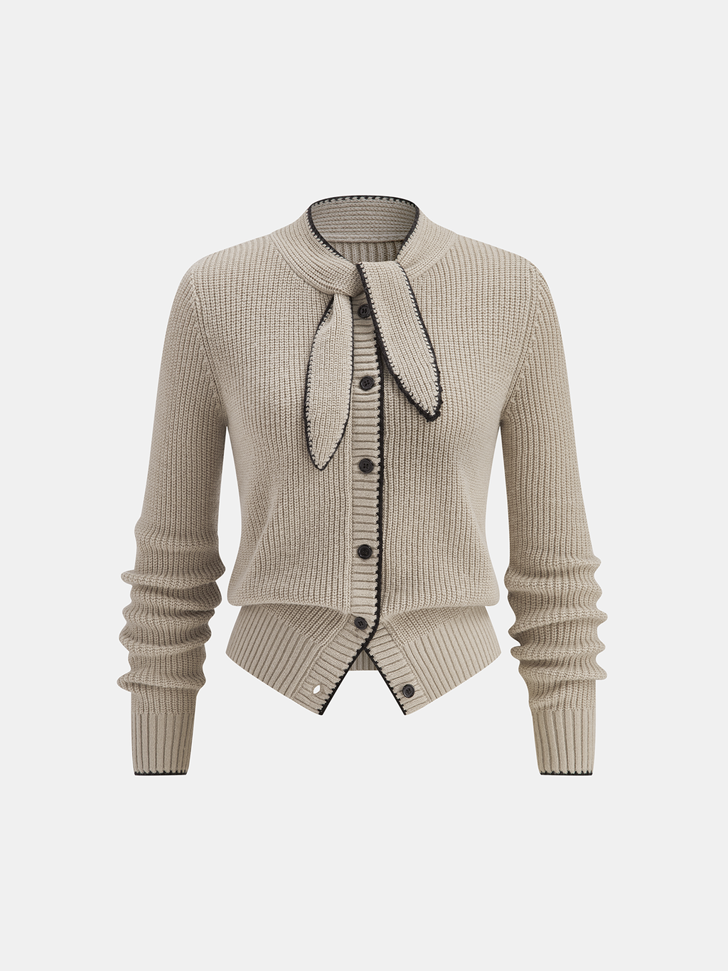 Wool Blend Cardigan with Tie Neck and Contrast Trim