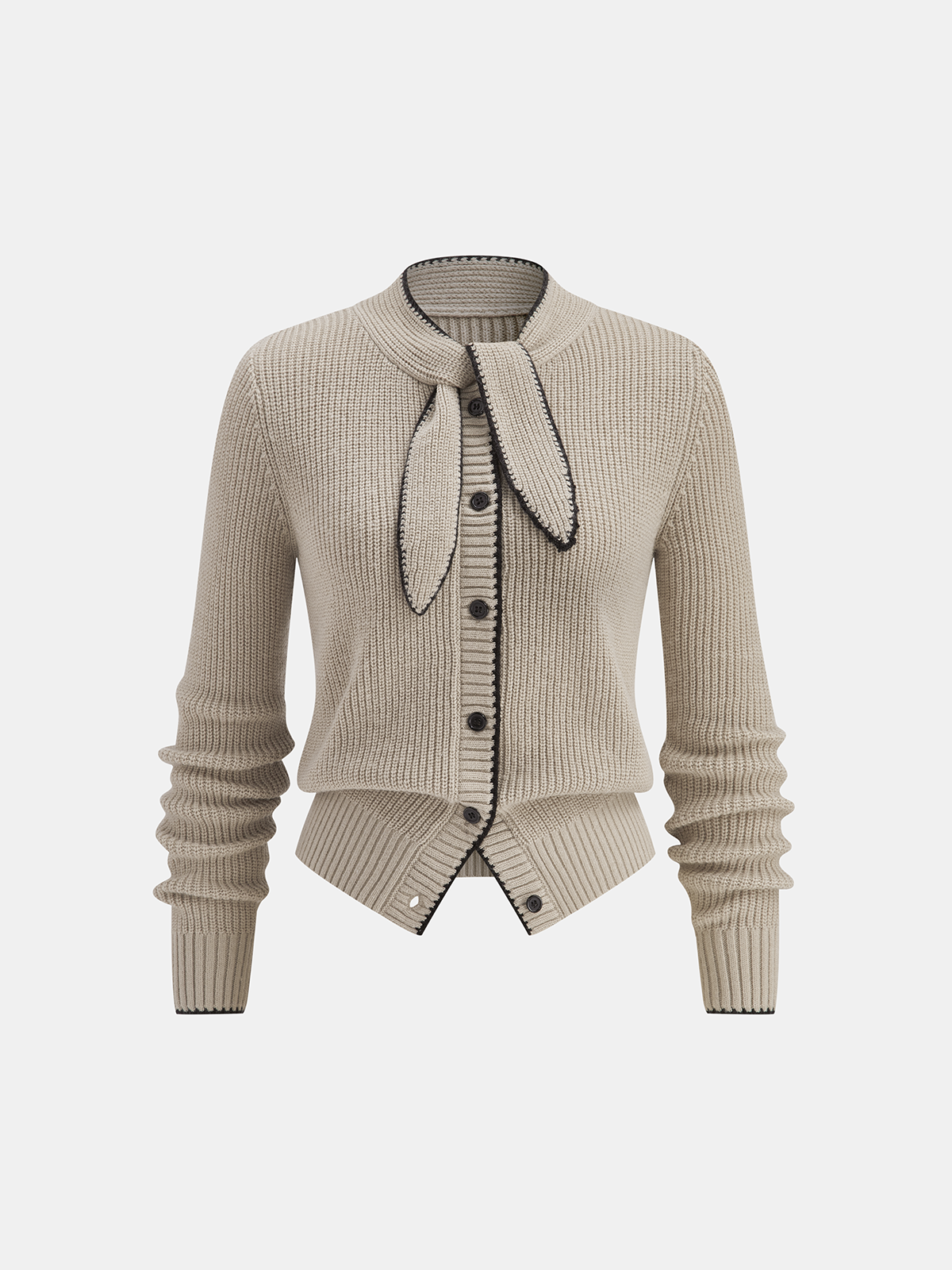 Wool Blend Cardigan with Tie Neck and Contrast Trim