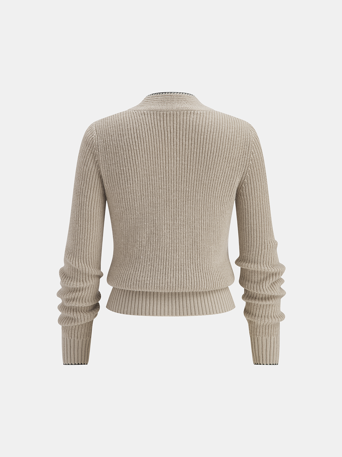 Wool Blend Cardigan with Tie Neck and Contrast Trim