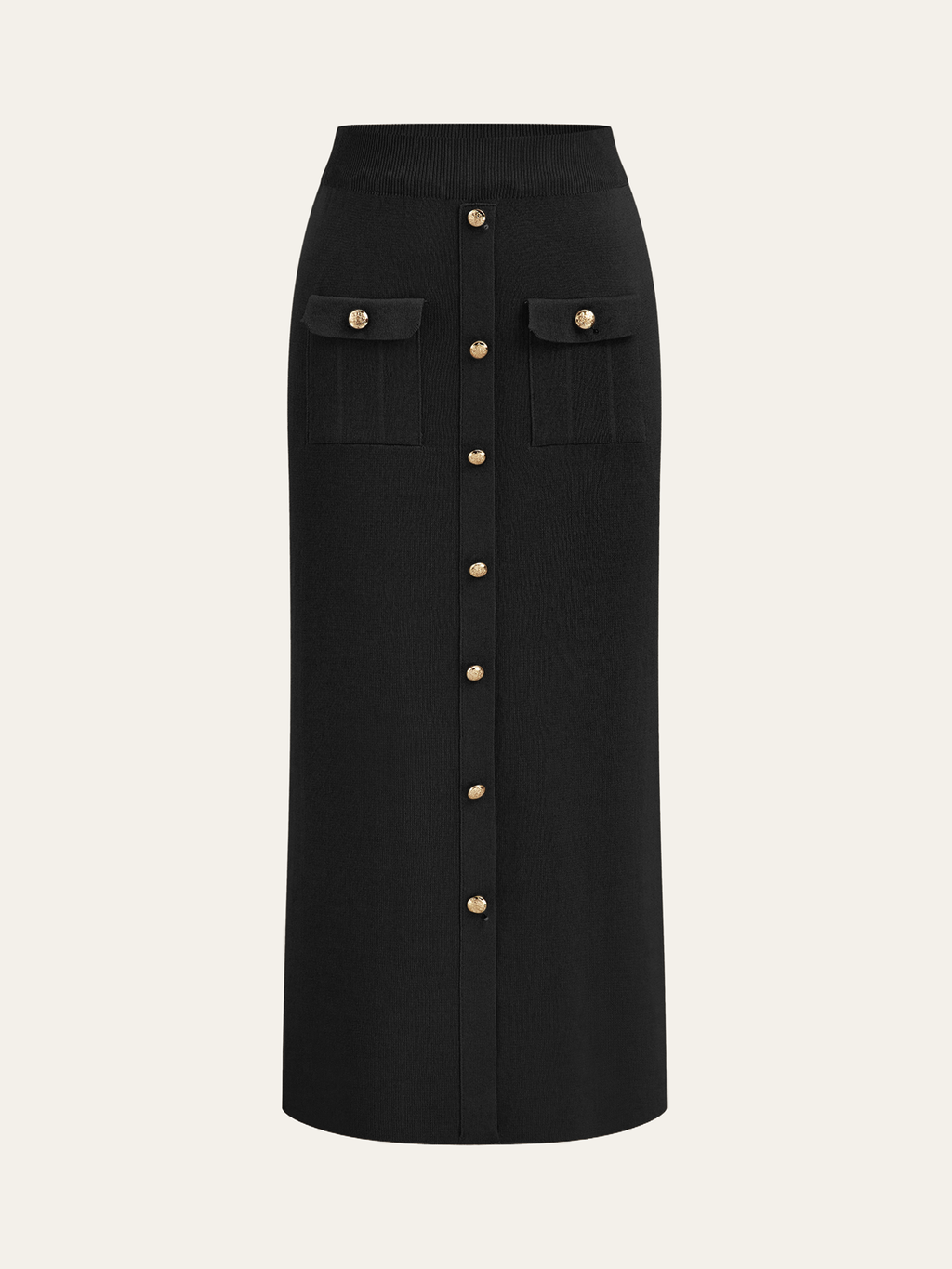 Chic Collared Cardigan and Midi Skirt Ensemble with Metal Accents