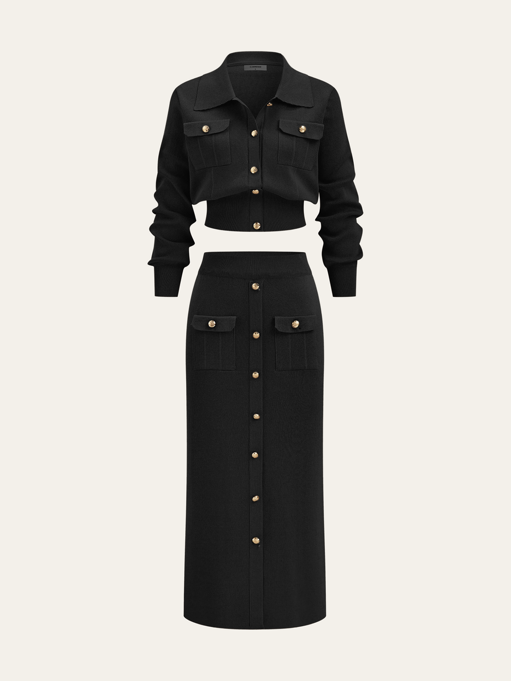 Chic Collared Cardigan and Midi Skirt Ensemble with Metal Accents