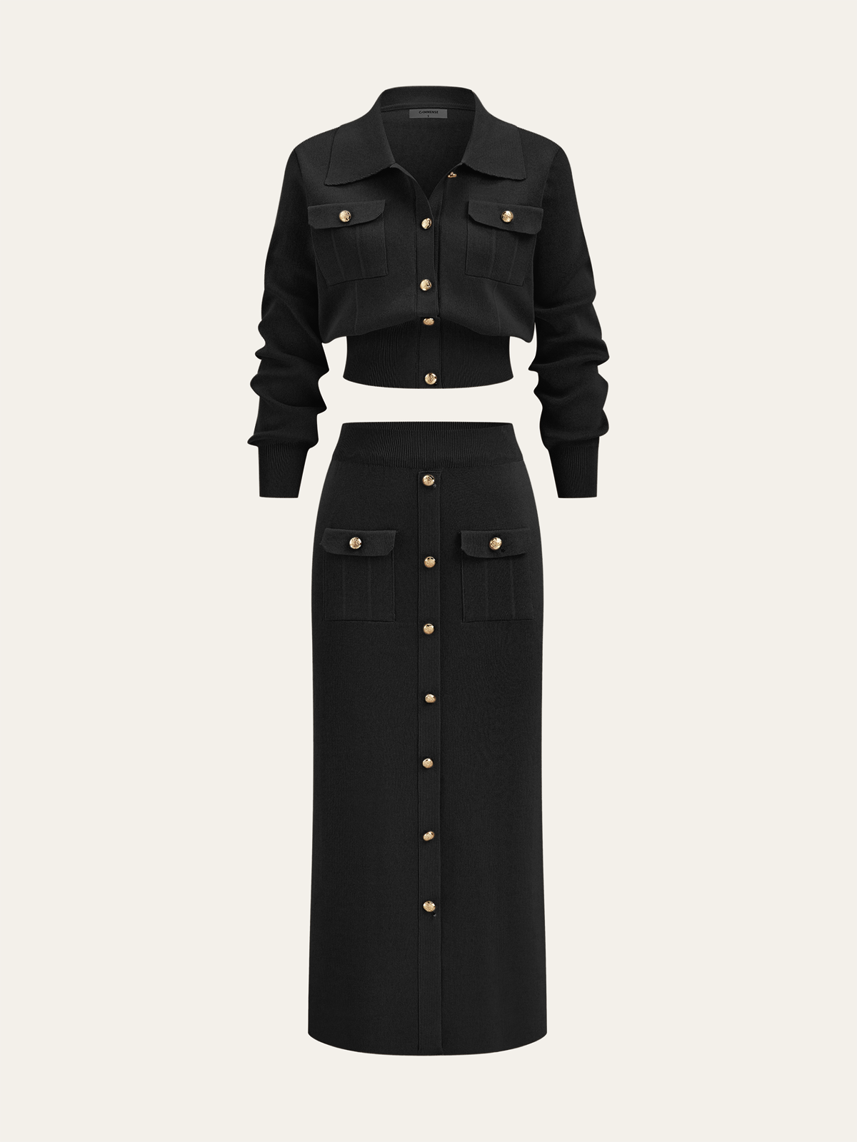Chic Collared Cardigan and Midi Skirt Ensemble with Metal Accents