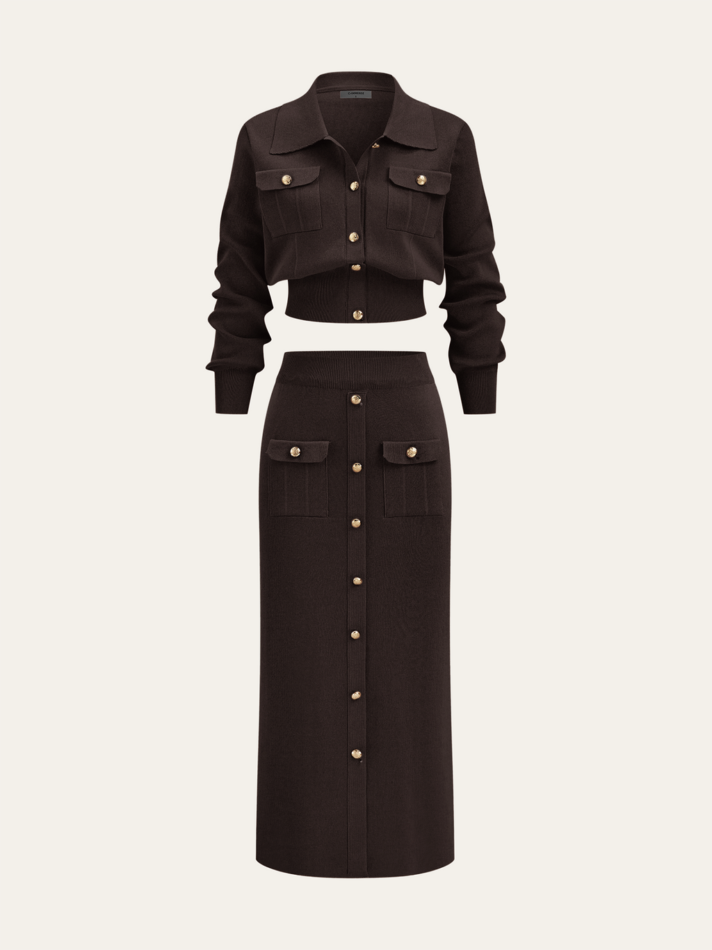 Chic Collared Cardigan and Midi Skirt Ensemble with Metal Accents