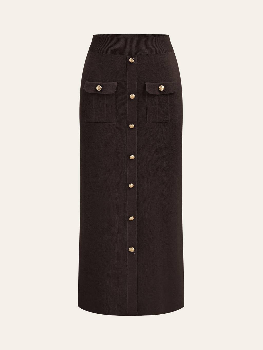 Chic Collared Cardigan and Midi Skirt Ensemble with Metal Accents