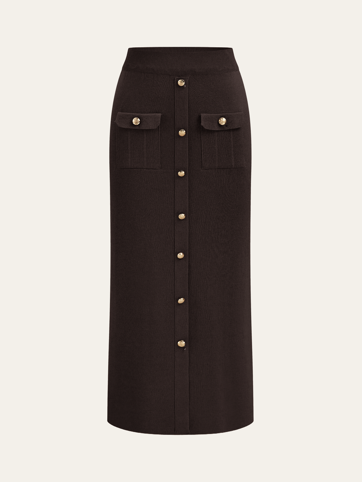 Chic Collared Cardigan and Midi Skirt Ensemble with Metal Accents