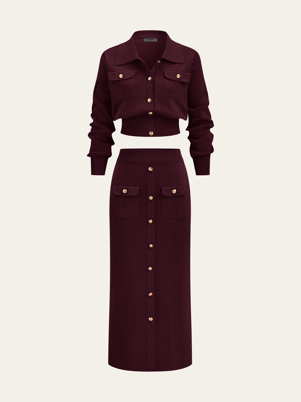 Chic Collared Cardigan and Midi Skirt Ensemble with Metal Accents