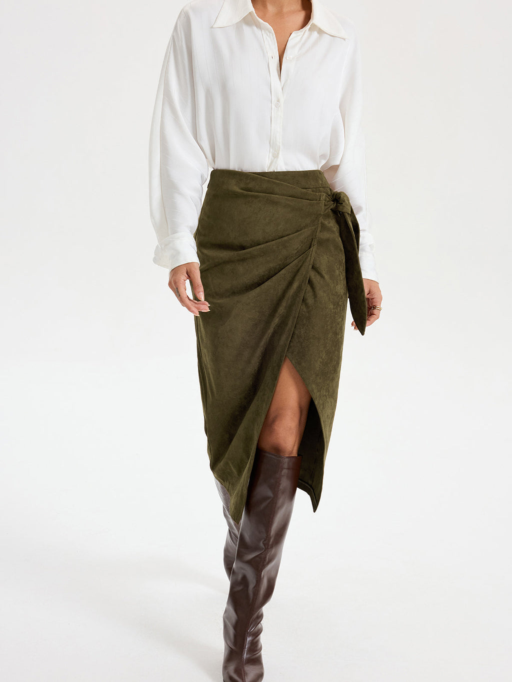 Suede Effect Midi Skirt with Tie Knot Detail