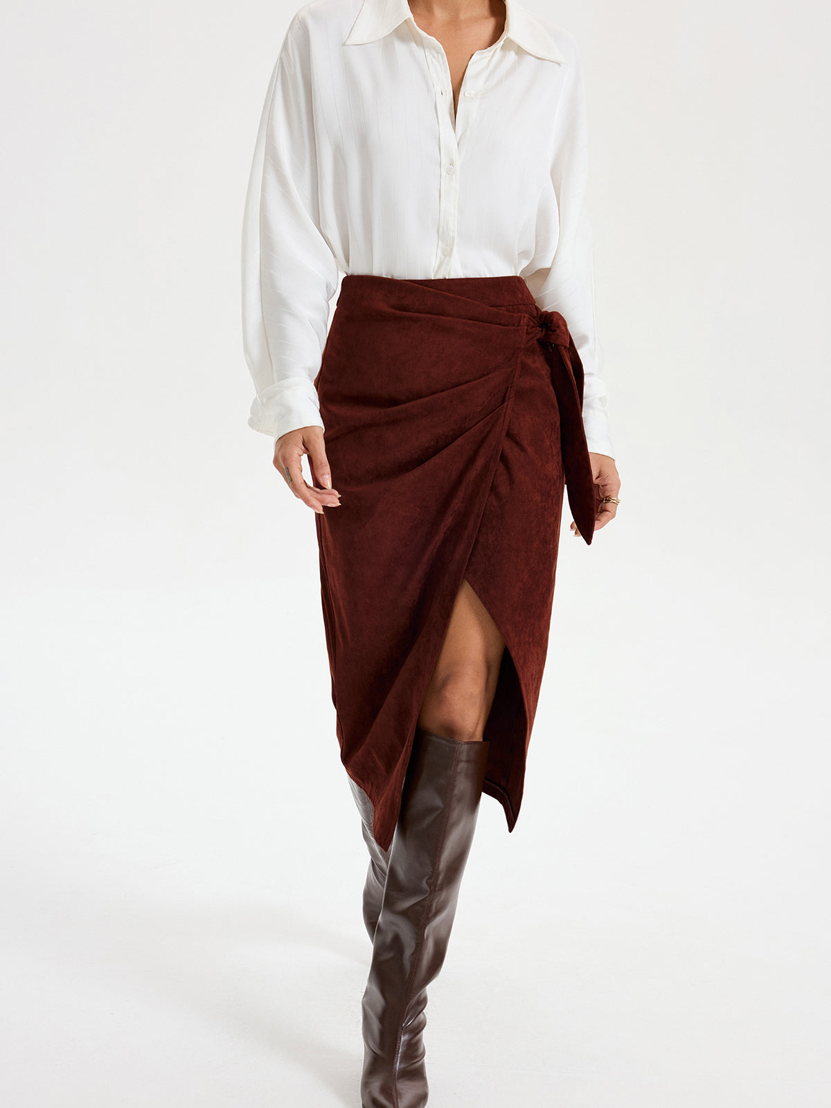 Suede Effect Midi Skirt with Tie Knot Detail