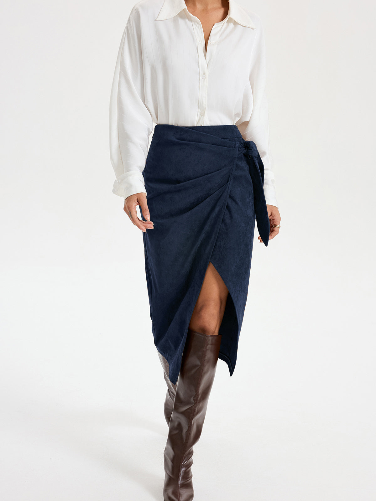 Suede Effect Midi Skirt with Tie Knot Detail