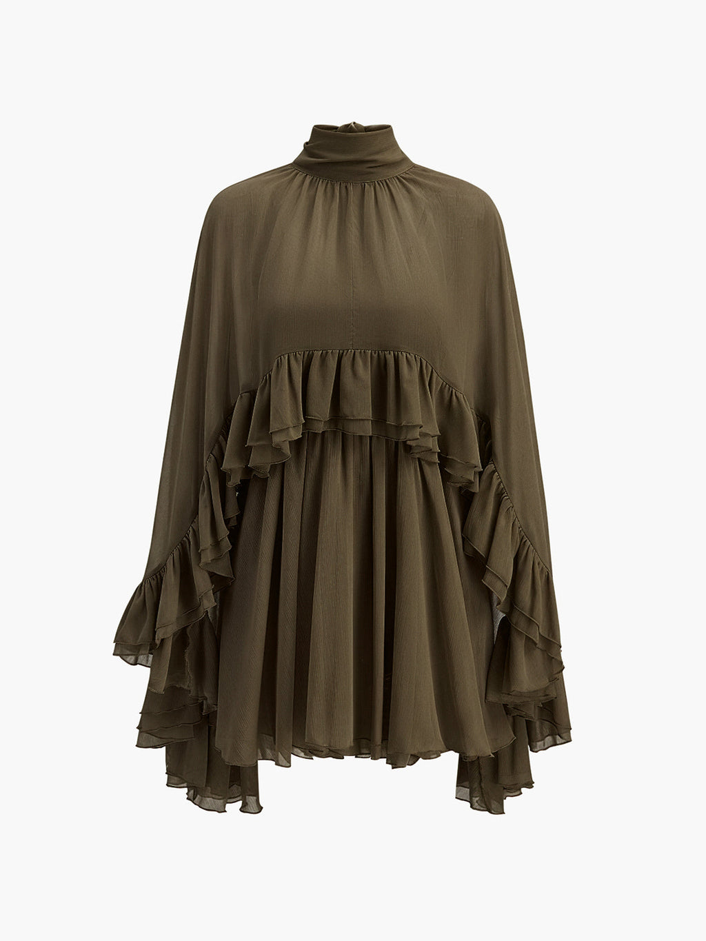 Chiffon Ruffle Dress with Flowing Cape Overlay