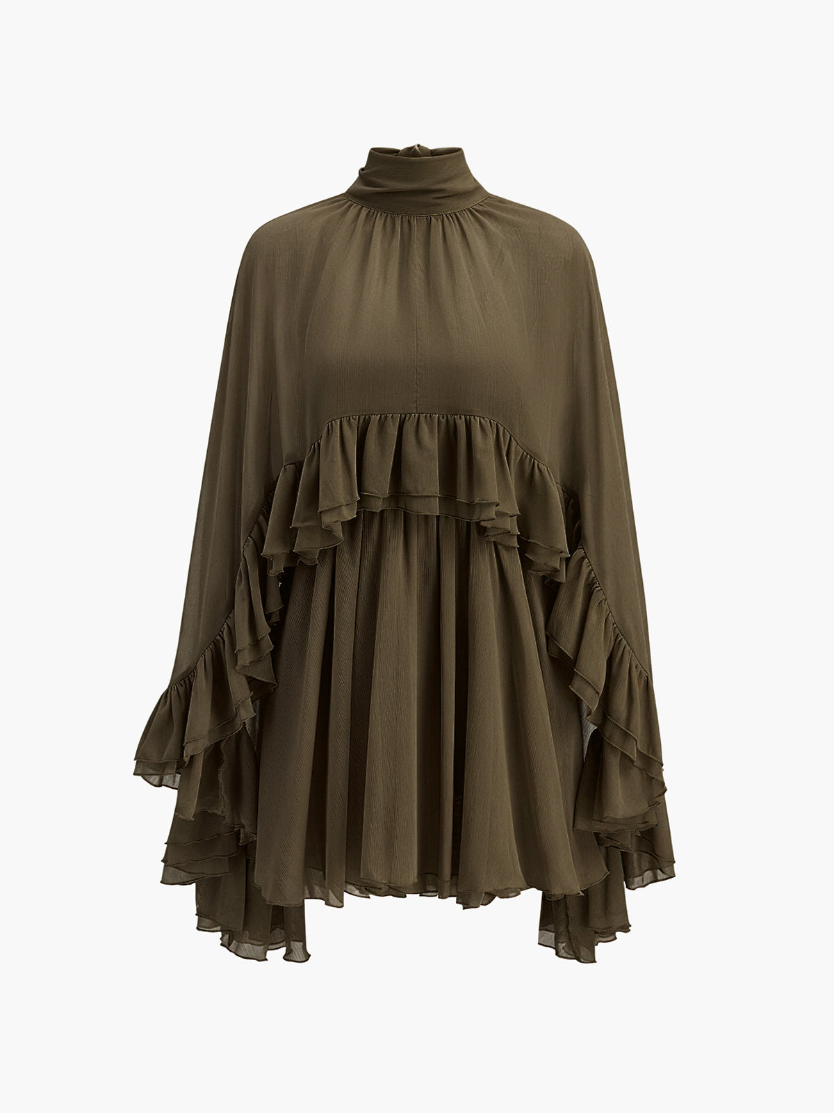 Chiffon Ruffle Dress with Flowing Cape Overlay