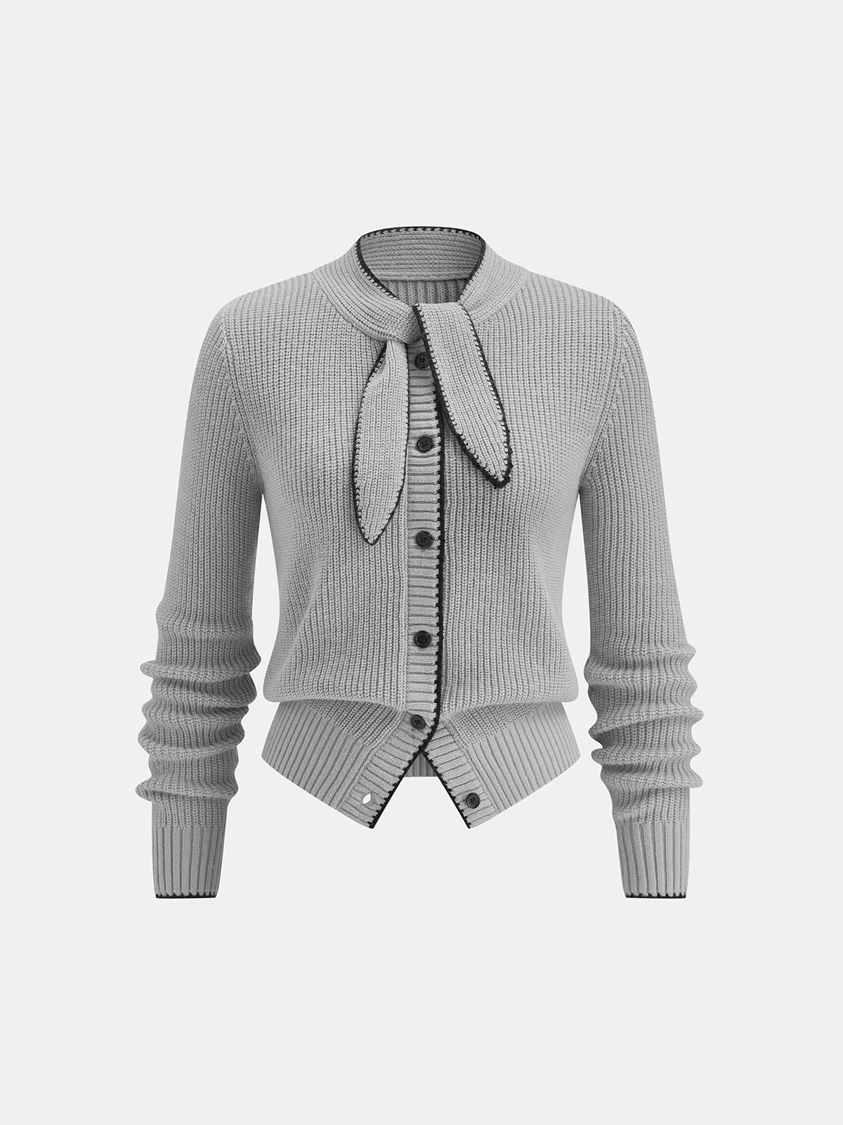 Wool Blend Cardigan with Tie Neck and Contrast Trim