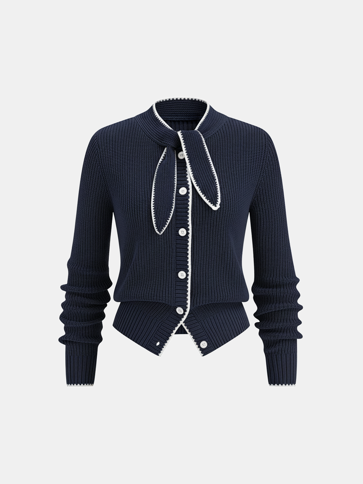 Wool Blend Cardigan with Tie Neck and Contrast Trim