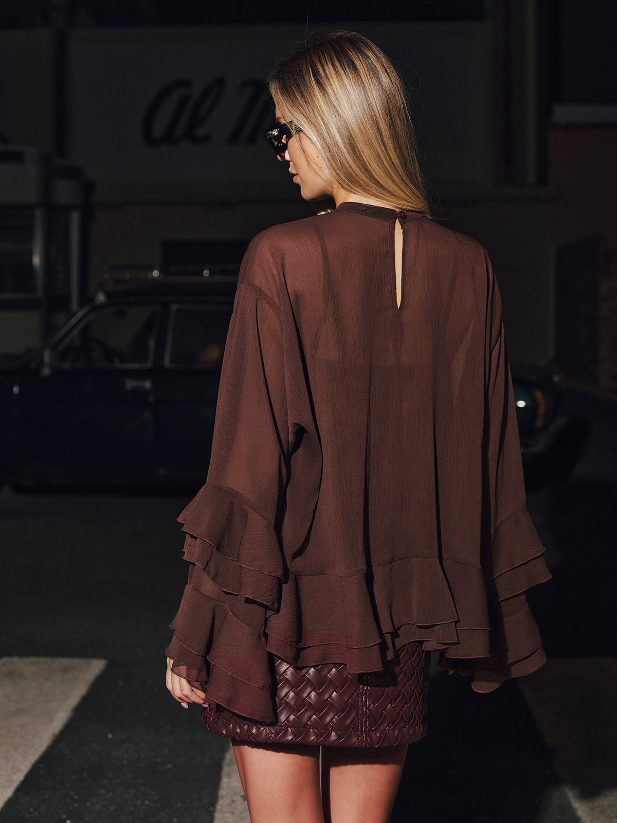 Semi-Sheer Chiffon Blouse with Tiered Ruffle Detail and Cami Liner
