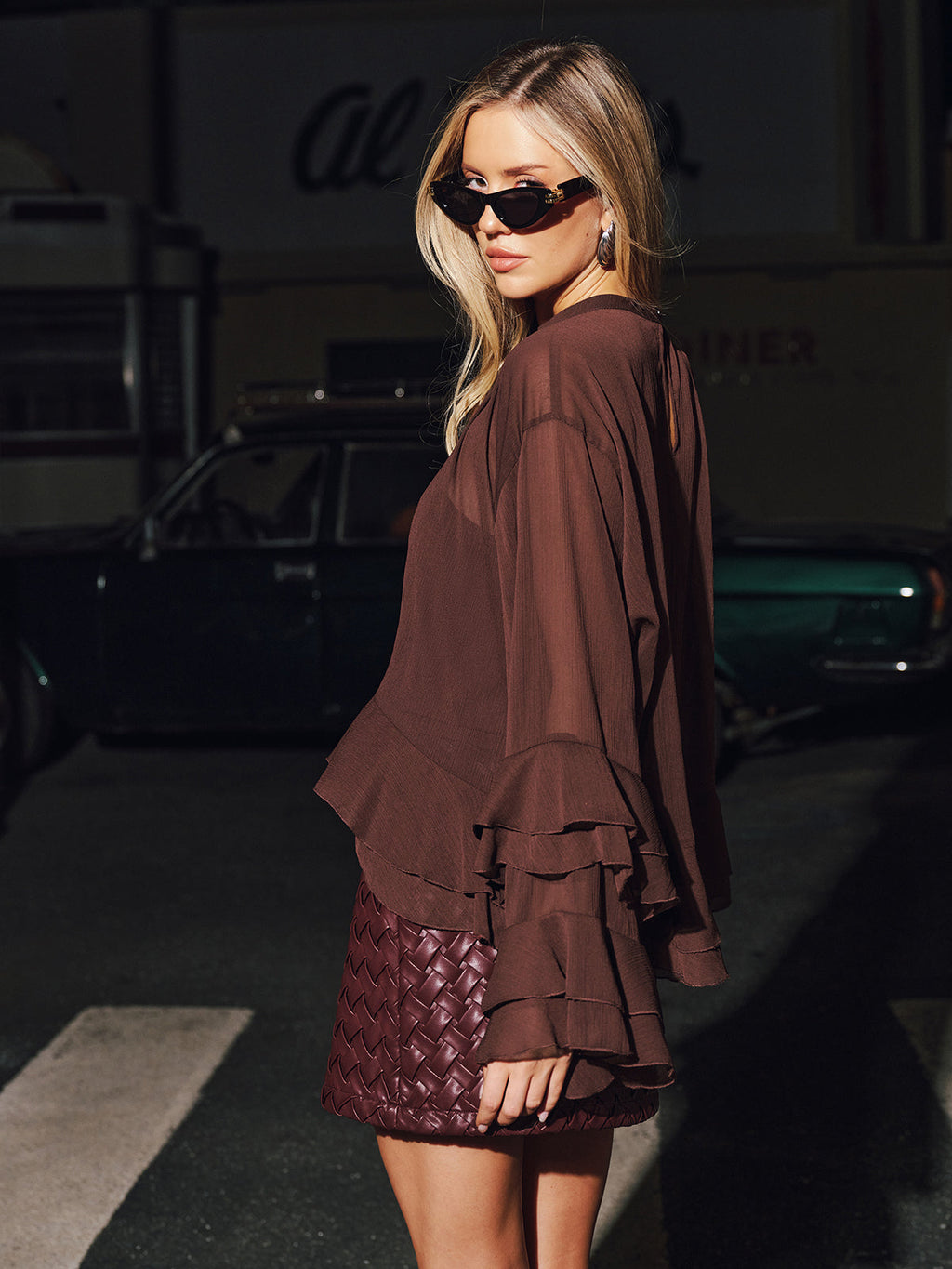 Semi-Sheer Chiffon Blouse with Tiered Ruffle Detail and Cami Liner