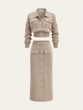 Chic Collared Cardigan and Midi Skirt Ensemble with Metal Accents