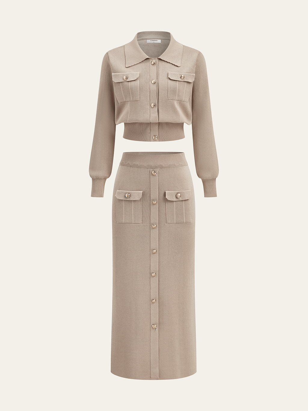 Chic Collared Cardigan and Midi Skirt Ensemble with Metal Accents