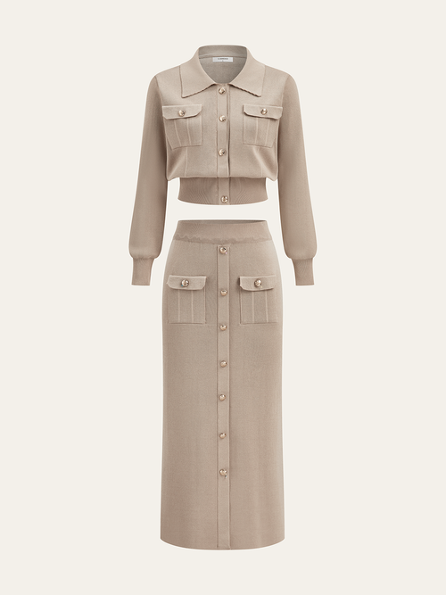 Chic Collared Cardigan and Midi Skirt Ensemble with Metal Accents